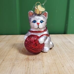 Blown glass Tabby Cat with yarn Christmas ornament